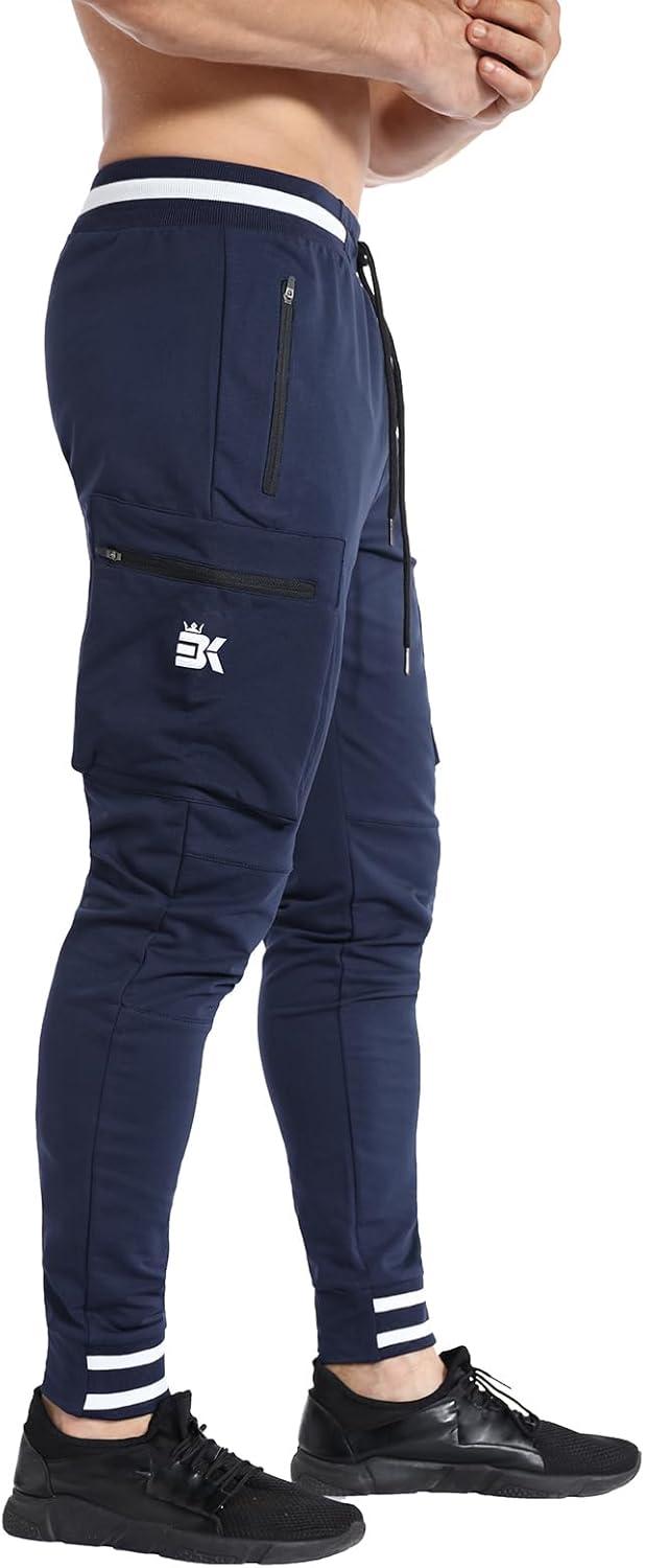 imageBROKIG Men Large Capacity Gym Joggers Pants with Zipper PocketsWorkout Tapered Casual Athletic Sweatpants Track PantsNavy Blue