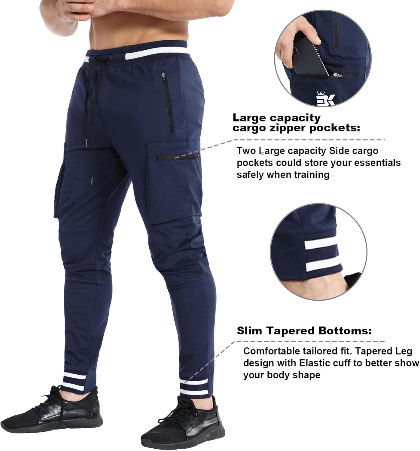 imageBROKIG Men Large Capacity Gym Joggers Pants with Zipper PocketsWorkout Tapered Casual Athletic Sweatpants Track PantsNavy Blue