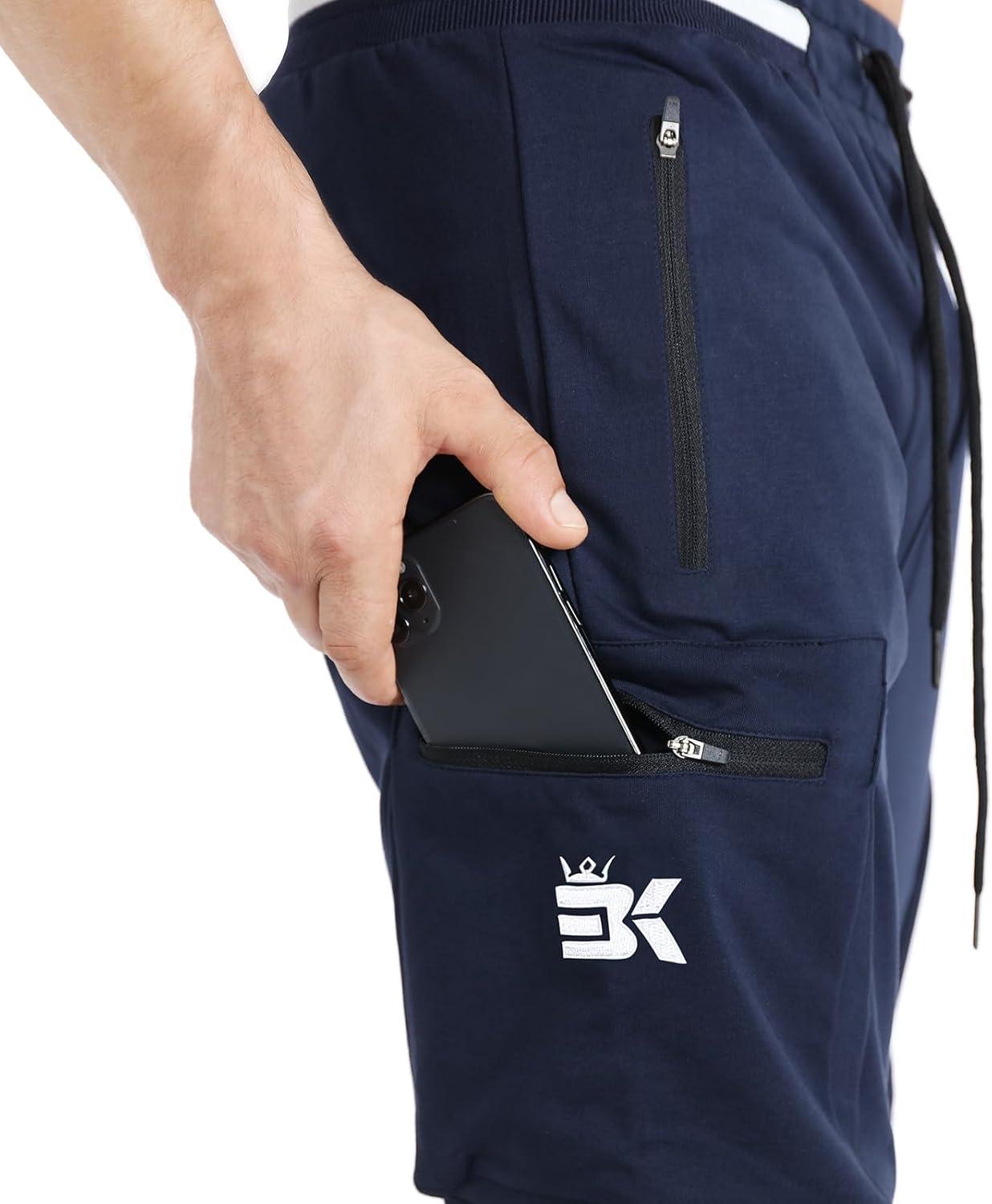 imageBROKIG Men Large Capacity Gym Joggers Pants with Zipper PocketsWorkout Tapered Casual Athletic Sweatpants Track PantsNavy Blue