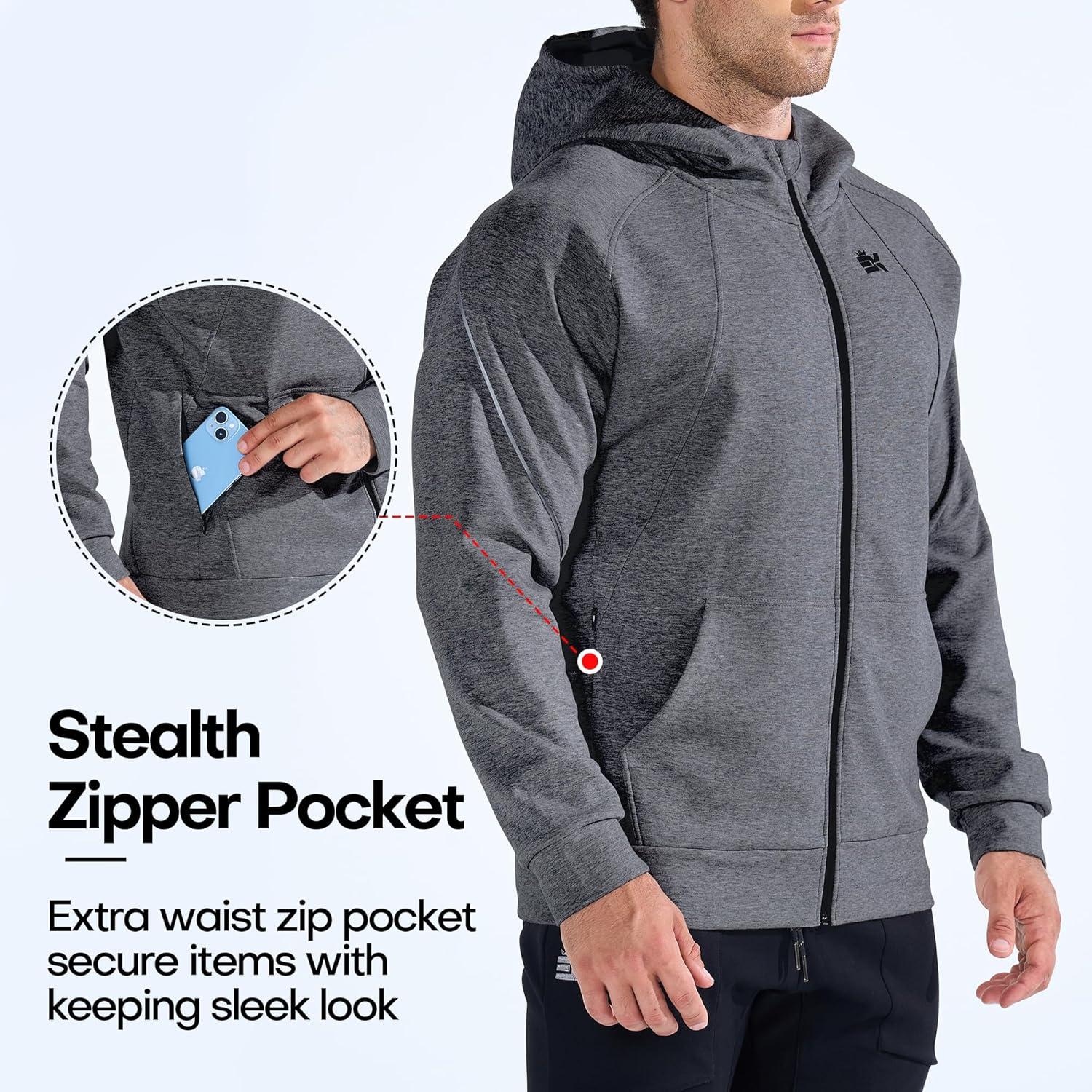 imageBROKIG Mens Stealth Zip Up HoodieFullZip Track Running Jacket Hooded SportswearSoft Casual Gym Hoodie SweatshirtsDark Grey