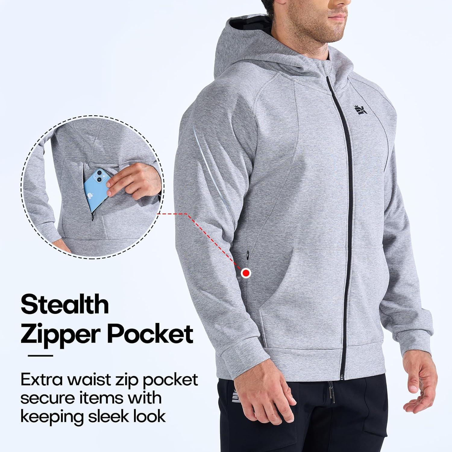 imageBROKIG Mens Stealth Zip Up HoodieFullZip Track Running Jacket Hooded SportswearSoft Casual Gym Hoodie SweatshirtsLight Grey