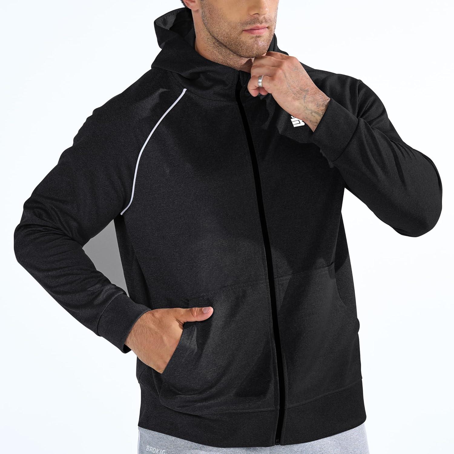 imageBROKIG Mens Stripe Running Jacket with Zipper Pocket Windbreaker Zip Up Workout Hoodie Men Athletic Gym SweatshirtsBlack