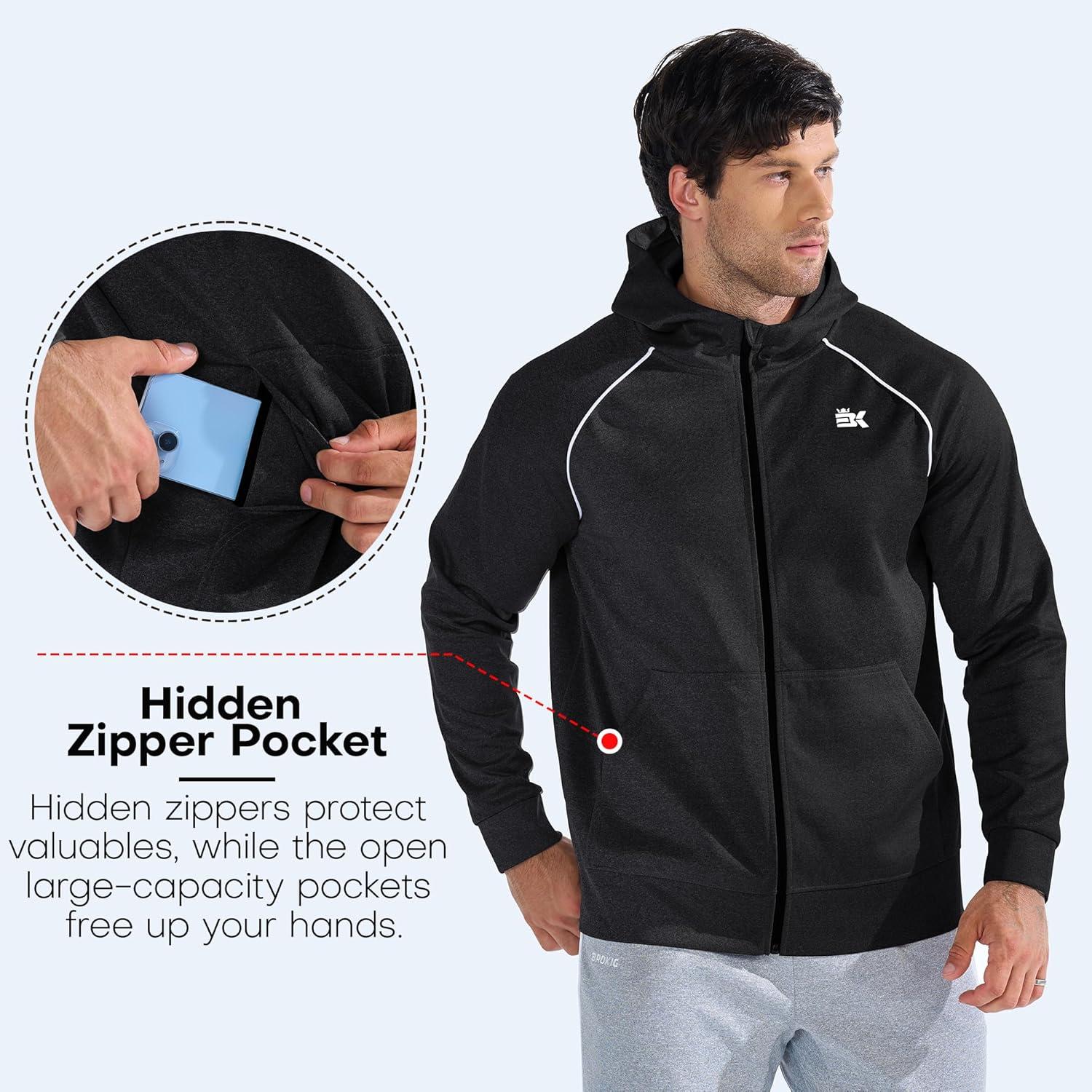 imageBROKIG Mens Stripe Running Jacket with Zipper Pocket Windbreaker Zip Up Workout Hoodie Men Athletic Gym SweatshirtsBlack