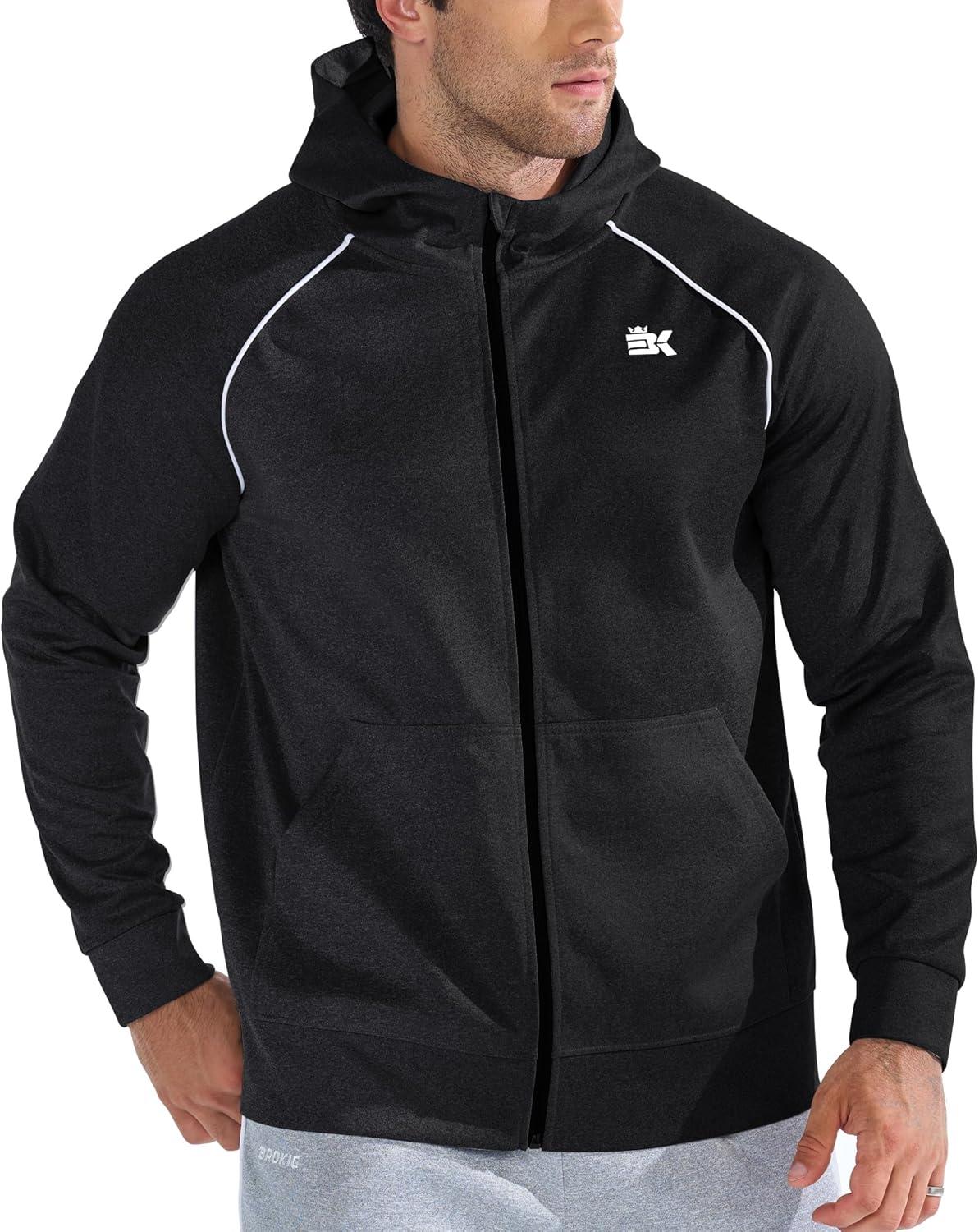 imageBROKIG Mens Stripe Running Jacket with Zipper Pocket Windbreaker Zip Up Workout Hoodie Men Athletic Gym SweatshirtsBlack