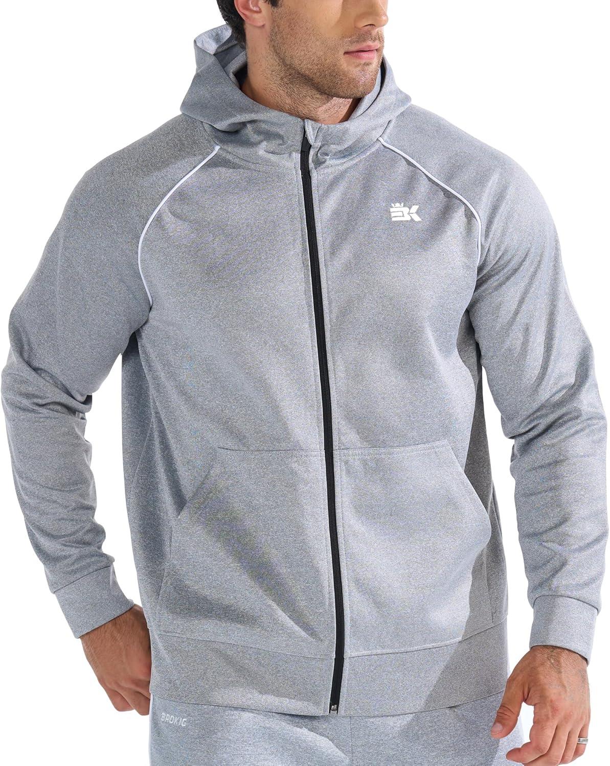 imageBROKIG Mens Stripe Running Jacket with Zipper Pocket Windbreaker Zip Up Workout Hoodie Men Athletic Gym SweatshirtsBlackLight Grey
