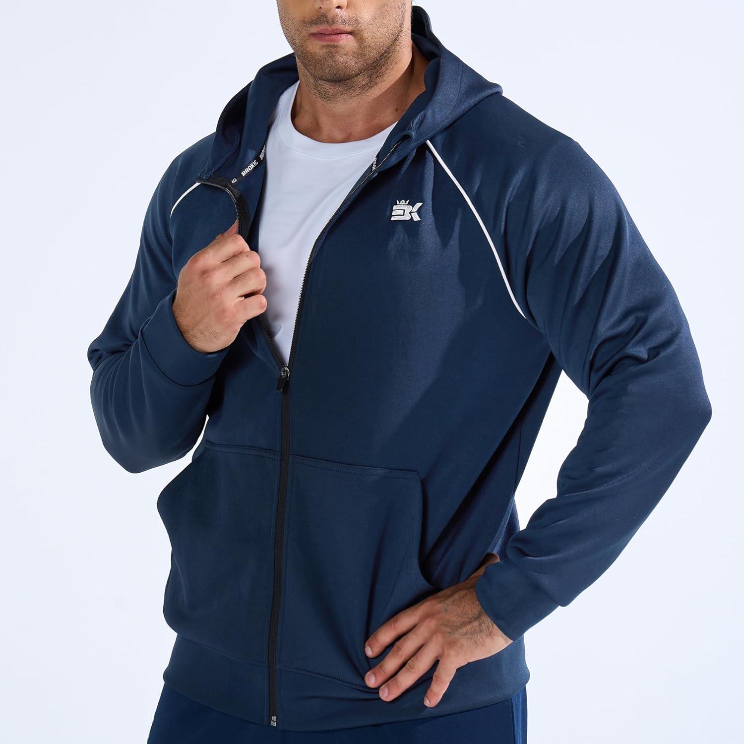imageBROKIG Mens Stripe Running Jacket with Zipper Pocket Windbreaker Zip Up Workout Hoodie Men Athletic Gym SweatshirtsDark Grey