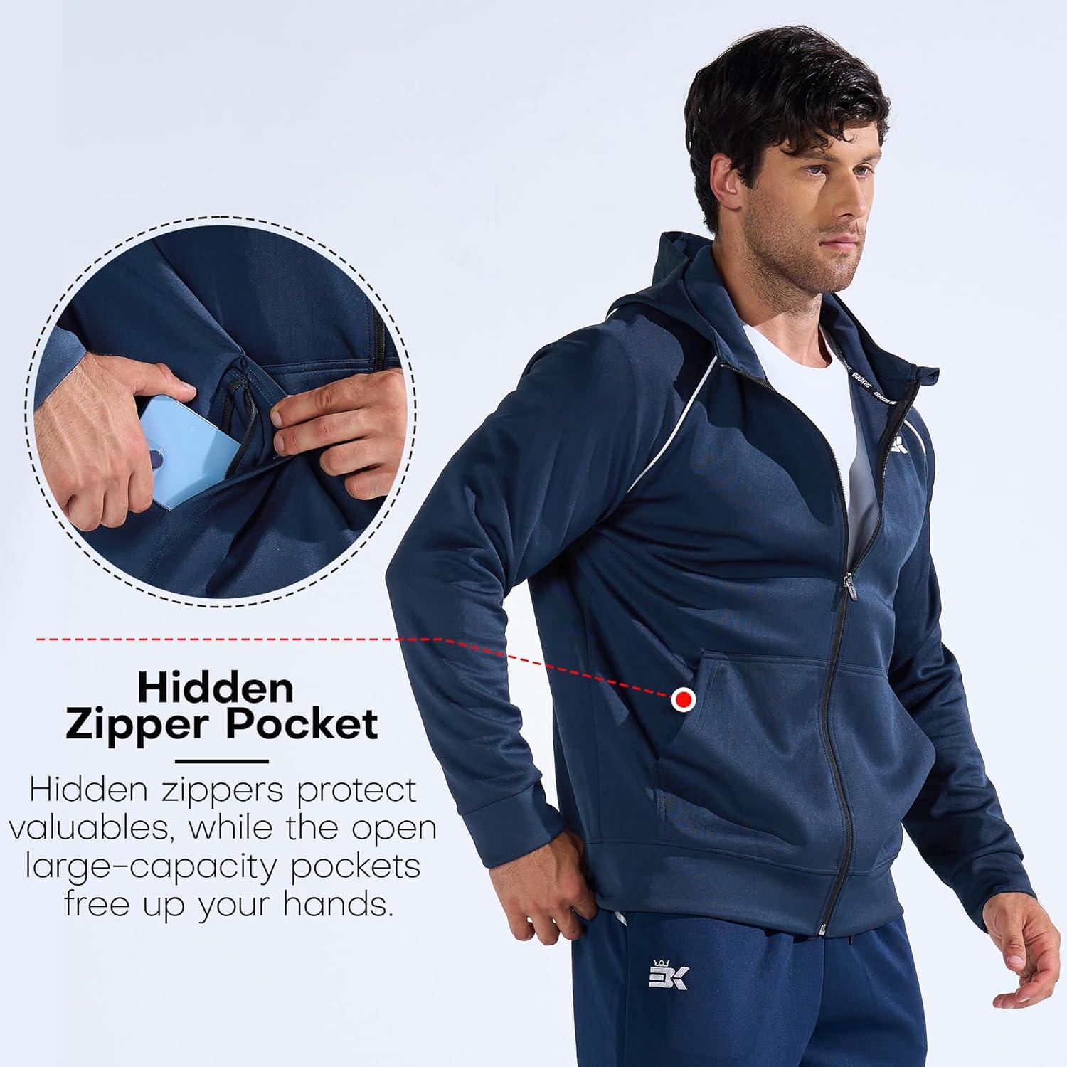 imageBROKIG Mens Stripe Running Jacket with Zipper Pocket Windbreaker Zip Up Workout Hoodie Men Athletic Gym SweatshirtsDark Grey