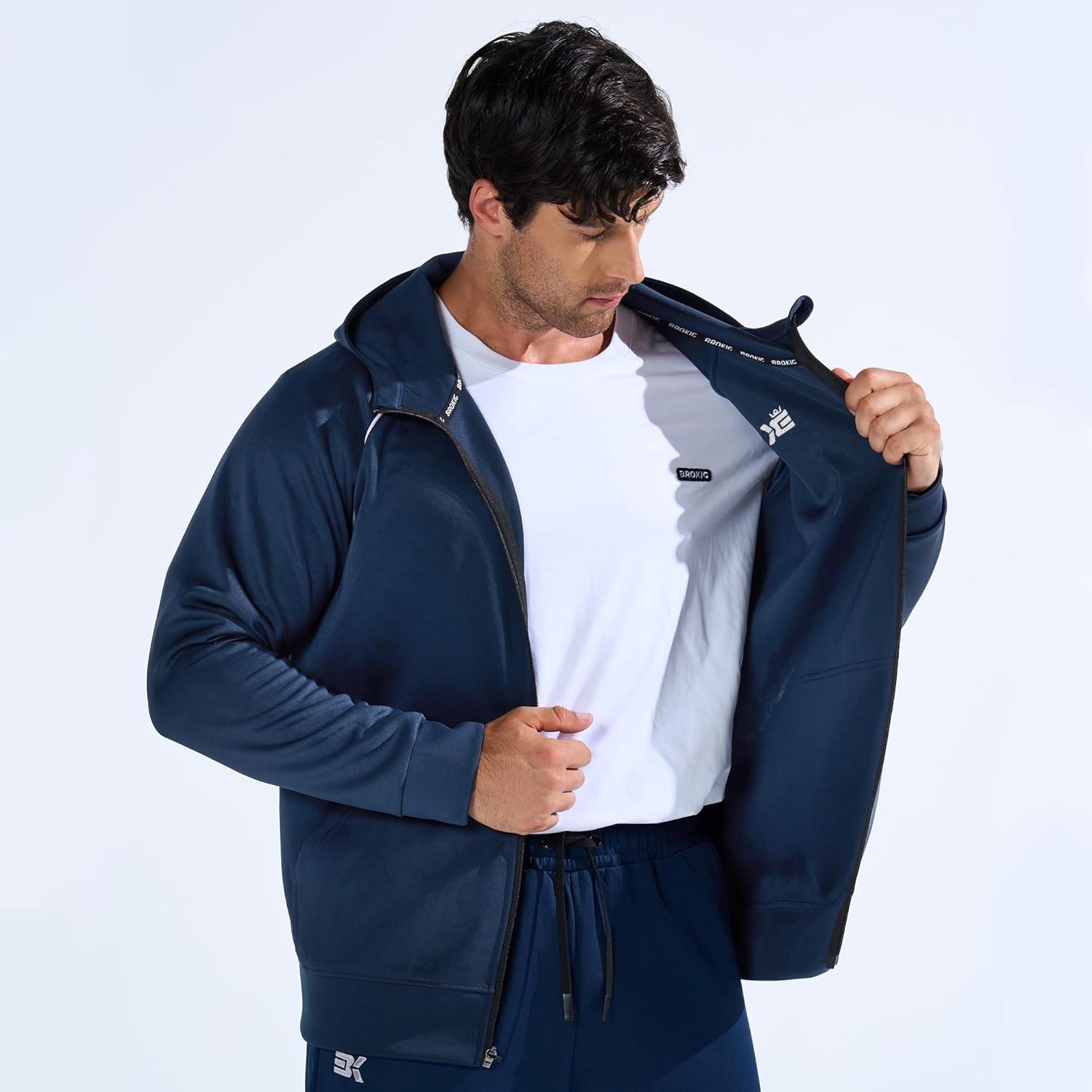 imageBROKIG Mens Stripe Running Jacket with Zipper Pocket Windbreaker Zip Up Workout Hoodie Men Athletic Gym SweatshirtsDark Grey