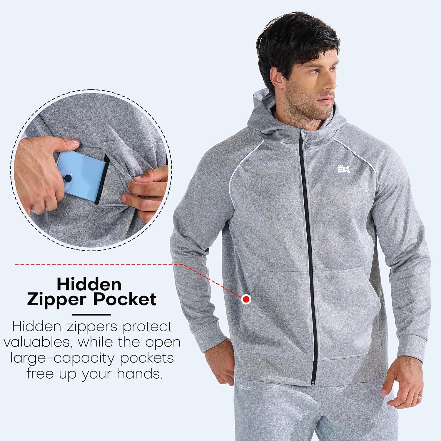 imageBROKIG Mens Stripe Running Jacket with Zipper Pocket Windbreaker Zip Up Workout Hoodie Men Athletic Gym SweatshirtsLight Grey