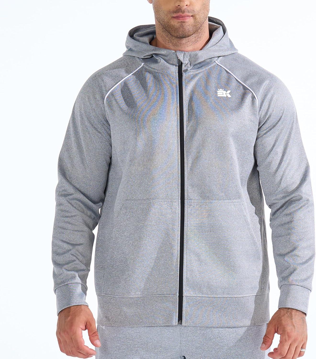 imageBROKIG Mens Stripe Running Jacket with Zipper Pocket Windbreaker Zip Up Workout Hoodie Men Athletic Gym SweatshirtsLight Grey