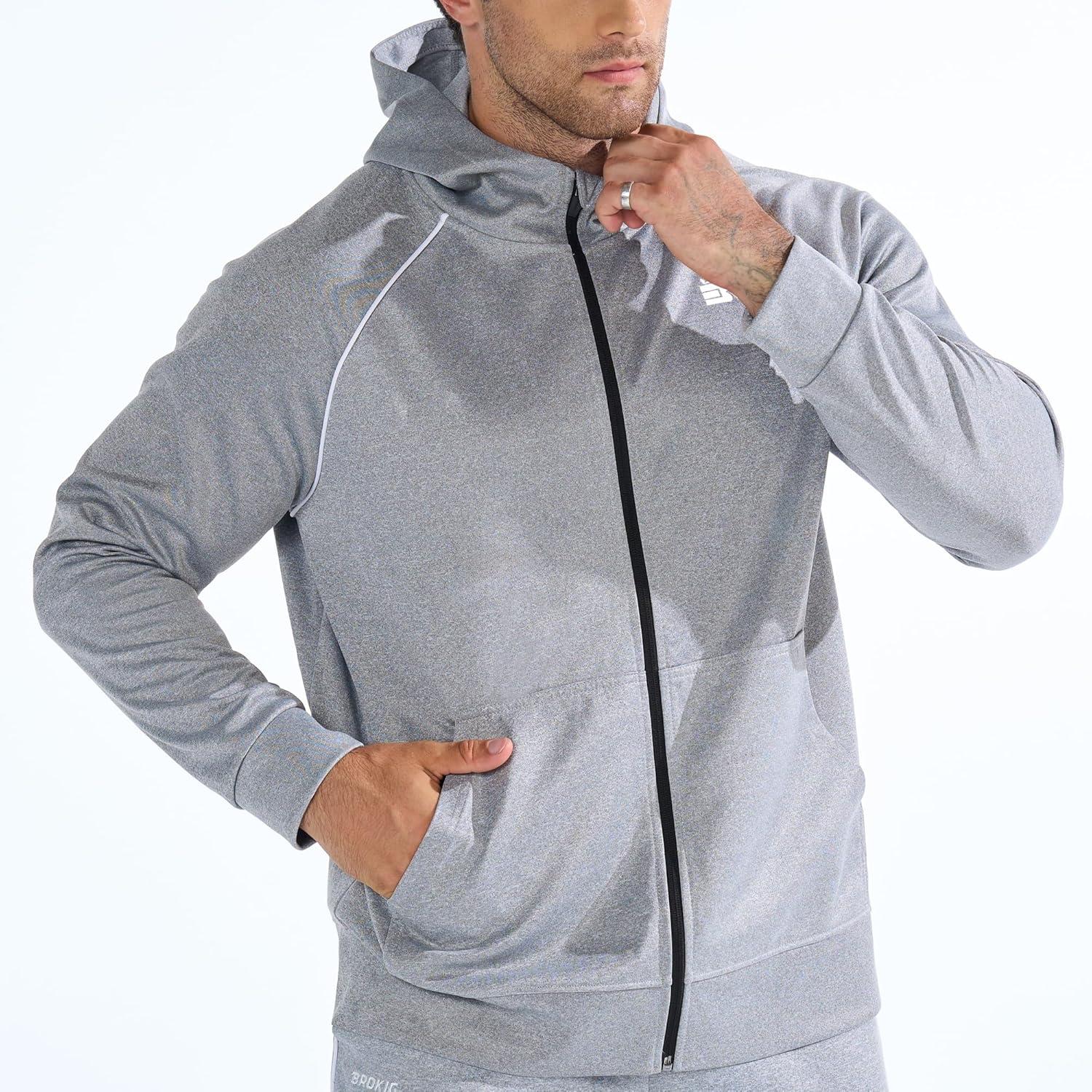 imageBROKIG Mens Stripe Running Jacket with Zipper Pocket Windbreaker Zip Up Workout Hoodie Men Athletic Gym SweatshirtsLight Grey