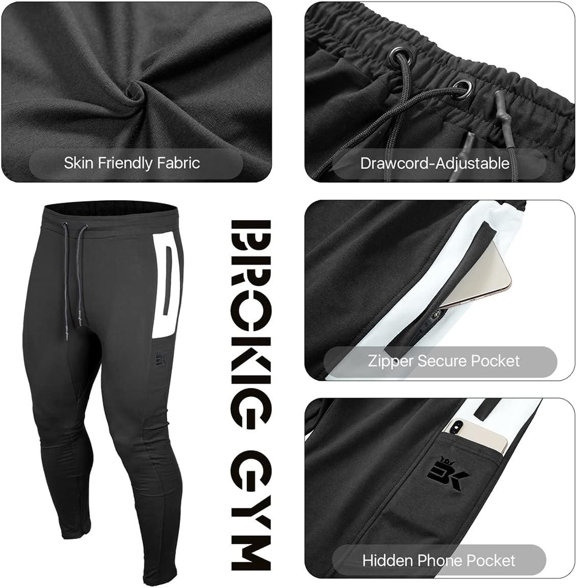 imageBROKIG Mens Workout Jogger Pants Gym Tapered Athletic Slim Sweatpants with Zipper PocketBlack