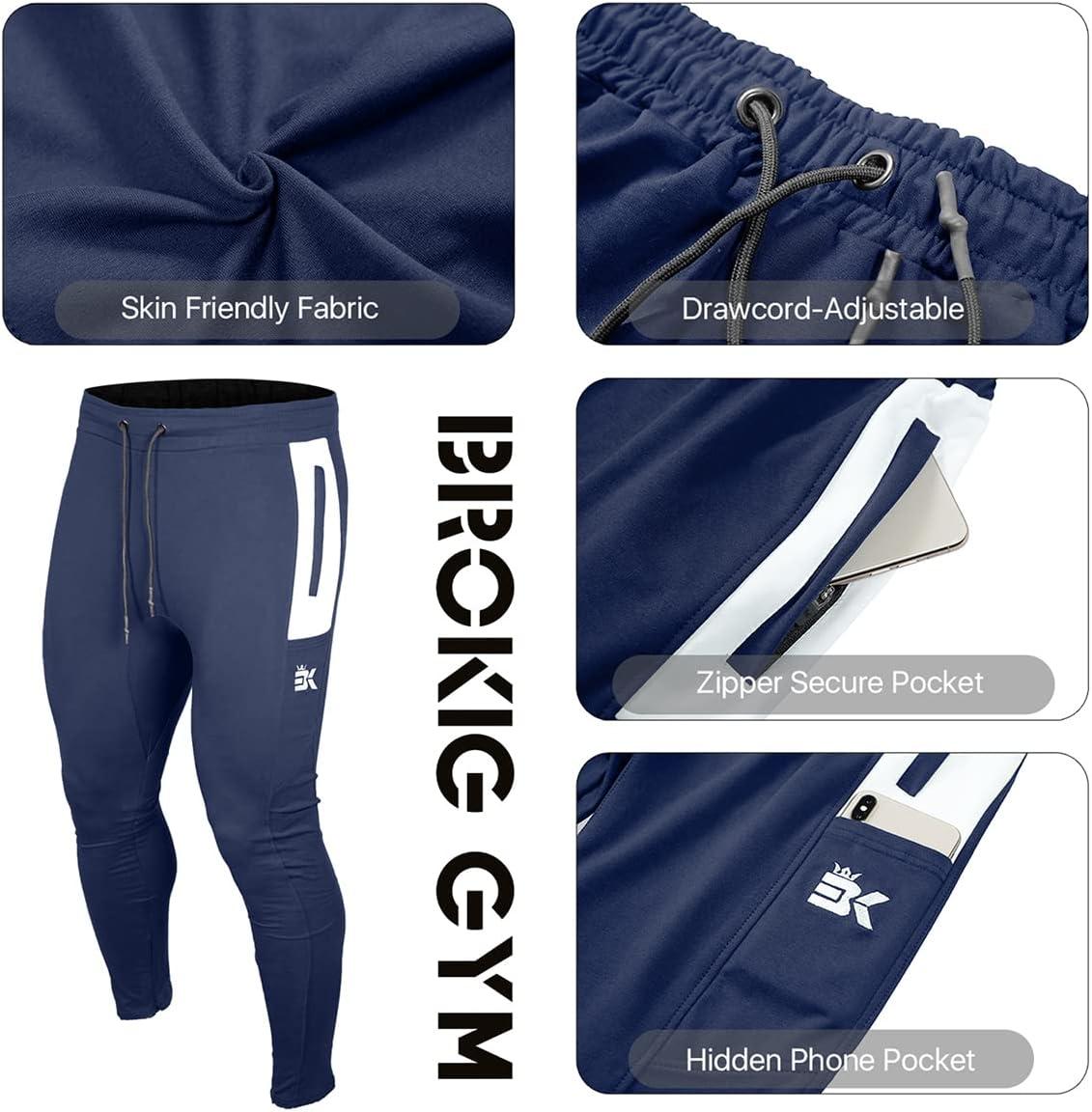 imageBROKIG Mens Workout Jogger Pants Gym Tapered Athletic Slim Sweatpants with Zipper PocketNavy Blue