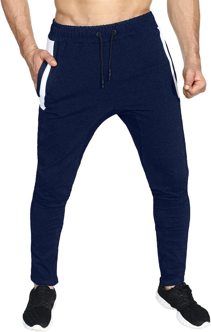 imageBROKIG Mens Workout Jogger Pants Gym Tapered Athletic Slim Sweatpants with Zipper PocketNavy Blue