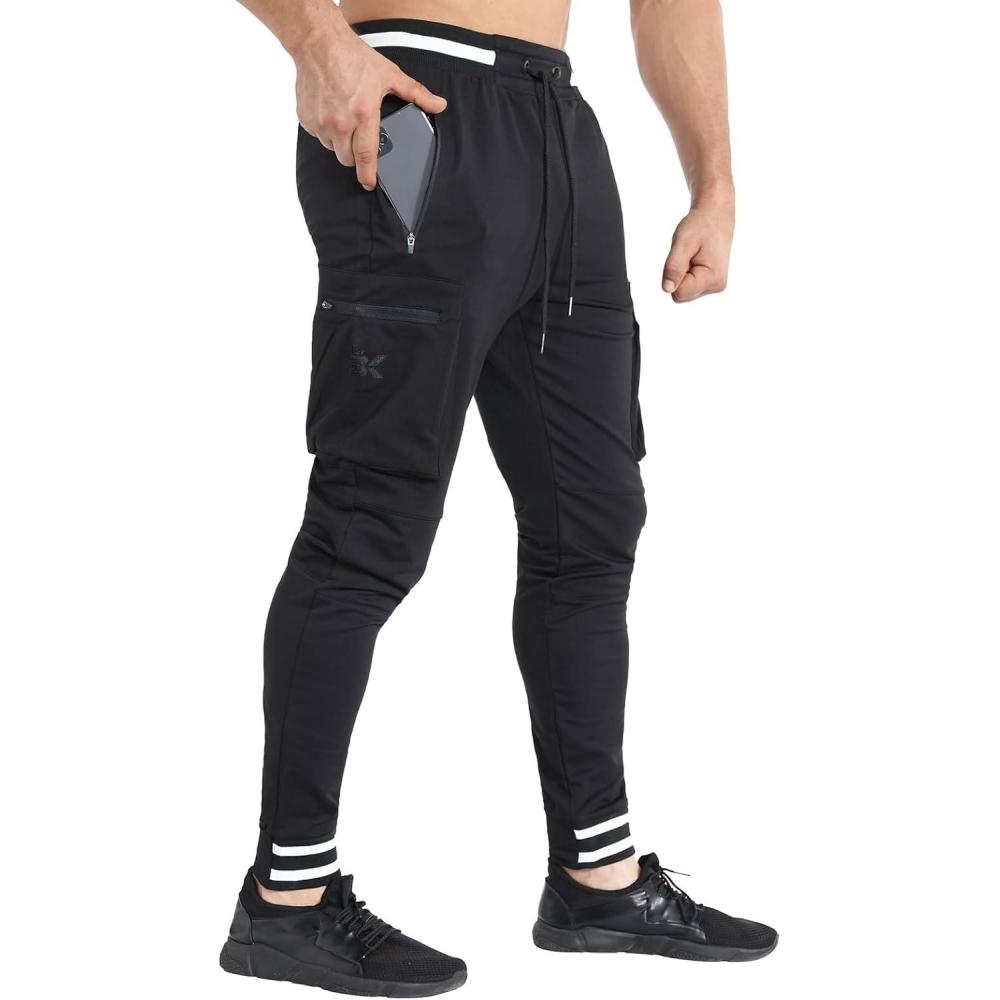 imageBROKIG Men Large Capacity Gym Joggers Pants with Zipper PocketsWorkout Tapered Casual Athletic Sweatpants Track PantsBlack