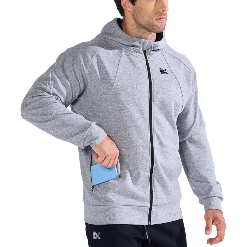 imageBROKIG Mens Stealth Zip Up HoodieFullZip Track Running Jacket Hooded SportswearSoft Casual Gym Hoodie SweatshirtsLight Grey