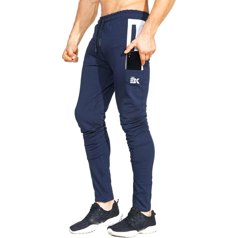 imageBROKIG Mens Workout Jogger Pants Gym Tapered Athletic Slim Sweatpants with Zipper PocketNavy Blue