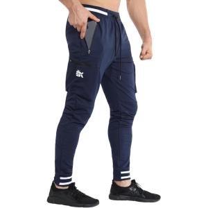 imageBROKIG Men Large Capacity Gym Joggers Pants with Zipper PocketsWorkout Tapered Casual Athletic Sweatpants Track PantsNavy Blue
