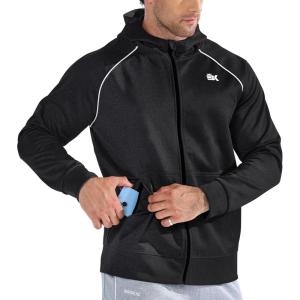 imageBROKIG Mens Stripe Running Jacket with Zipper Pocket Windbreaker Zip Up Workout Hoodie Men Athletic Gym SweatshirtsBlack