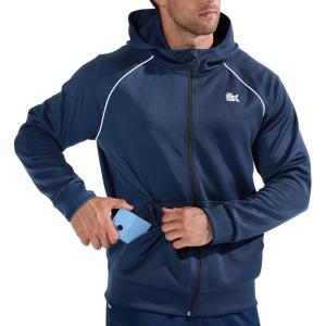 imageBROKIG Mens Stripe Running Jacket with Zipper Pocket Windbreaker Zip Up Workout Hoodie Men Athletic Gym SweatshirtsDark Grey