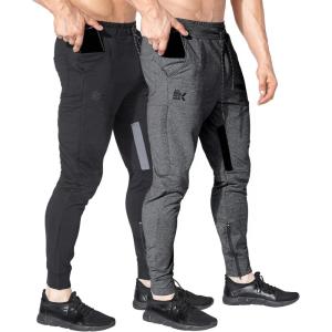 imageBROKIG Men Fitted Gym SweatpantsCasual Slim Workout Jogger Pants with Zipper Pocket Bodybuilding Athletic Tapered Pants LargeBlackDark Grey