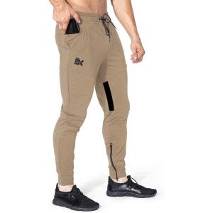 imageBROKIG Men Fitted Gym SweatpantsCasual Slim Workout Jogger Pants with Zipper Pocket Bodybuilding Athletic Tapered PantsBeige