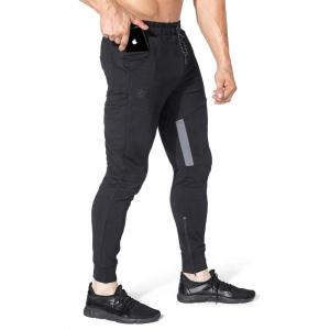 imageBROKIG Men Fitted Gym SweatpantsCasual Slim Workout Jogger Pants with Zipper Pocket Bodybuilding Athletic Tapered PantsBlack