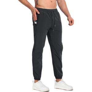 imageBROKIG Mens Tapered Gym Joggers Lightweight Training Cuffed Sweatpants Zipper Pocket Slim Fit Athletic Running PantsBlack