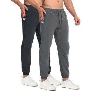 imageBROKIG Mens Tapered Gym Joggers Lightweight Training Cuffed Sweatpants Zipper Pocket Slim Fit Athletic Running PantsBlackDark Grey