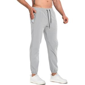 imageBROKIG Mens Tapered Gym Joggers Lightweight Training Cuffed Sweatpants Zipper Pocket Slim Fit Athletic Running PantsLight Grey