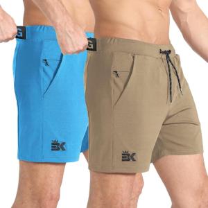 imageBROKIG Mens Ziplock Running Shorts 2 PackElastic Lightweight Workout Shorts for MenStretch Slim Gym Short PocketsKhakiblue