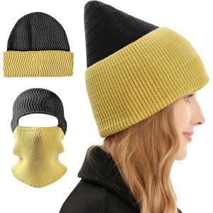 imageBROKIG 2 in 1 Balaclava Ski Mask Beanie Black Ski Face Mask Winter Warm Skull Cap Beanie Hats for Men Women HeadwearBlacklight Yellow
