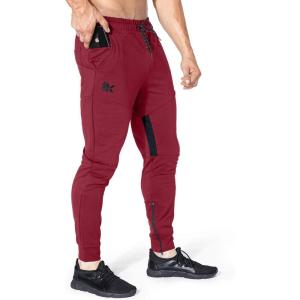 imageBROKIG Men Fitted Gym SweatpantsCasual Slim Workout Jogger Pants with Zipper Pocket Bodybuilding Athletic Tapered PantsBurgundy