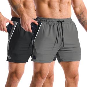 image:imageBROKIG Mens DriArmor Workout Athletic Shorts 5 inch Lightweight Stretch Gym Short with Mesh Zip PocketsBlackDark Grey