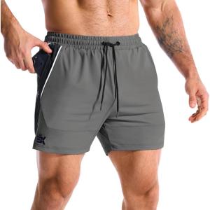 image:imageBROKIG Mens DriArmor Workout Athletic Shorts 5 inch Lightweight Stretch Gym Short with Mesh Zip PocketsDark Grey