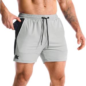 image:imageBROKIG Mens DriArmor Workout Athletic Shorts 5 inch Lightweight Stretch Gym Short with Mesh Zip PocketsLight Grey