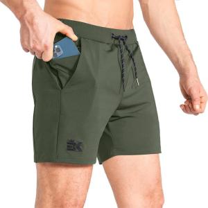 image:imageBROKIG Mens Lightweight Gym Shorts with Zip PocketStretch Fitted Quick Dry Athletic Shorts Men for Workout ExerciseArmy Green