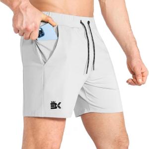 image:imageBROKIG Mens Lightweight Gym Shorts with Zip PocketStretch Fitted Quick Dry Athletic Shorts Men for Workout ExerciseLight Grey