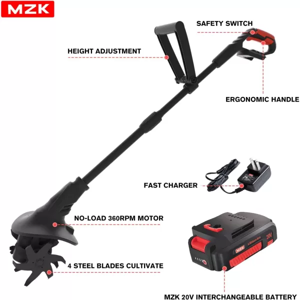 MZK 20V Cordless Tiller Cultivator with 24 Steel Tines,7.8-inch Wide Battery Powered Garden Cultivator, Mini Tiller for Gardening, 