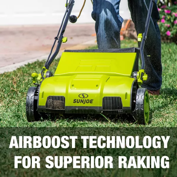 Sun Joe AJ801E 12-Amp, Electric Dethatcher and Scarifier w/Removeable 8-Gallon Collection Bag, 5-Position Height Adjustment, Airboost Technology Increases Lawn Health, 13 inch, Green