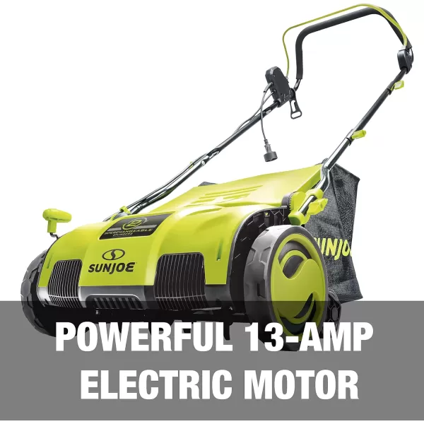 Sun Joe AJ801E 12-Amp, Electric Dethatcher and Scarifier w/Removeable 8-Gallon Collection Bag, 5-Position Height Adjustment, Airboost Technology Increases Lawn Health, 13 inch, Green