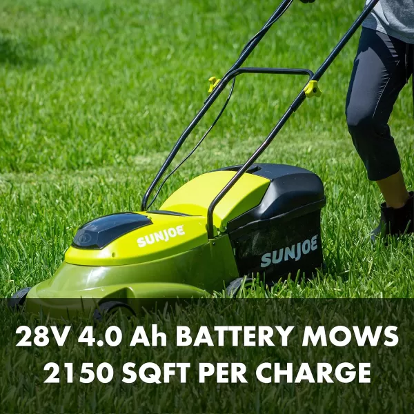 Sun Joe MJ401C-XR 14-Inch 28-Volt 5-Amp Cordless Lawn Mower w/Brushless Motor, 10.6-Gallon Detachable Collection Bag, Lightweight, Green