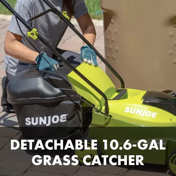 Sun Joe MJ401C-XR 14-Inch 28-Volt 5-Amp Cordless Lawn Mower w/Brushless Motor, 10.6-Gallon Detachable Collection Bag, Lightweight, Green