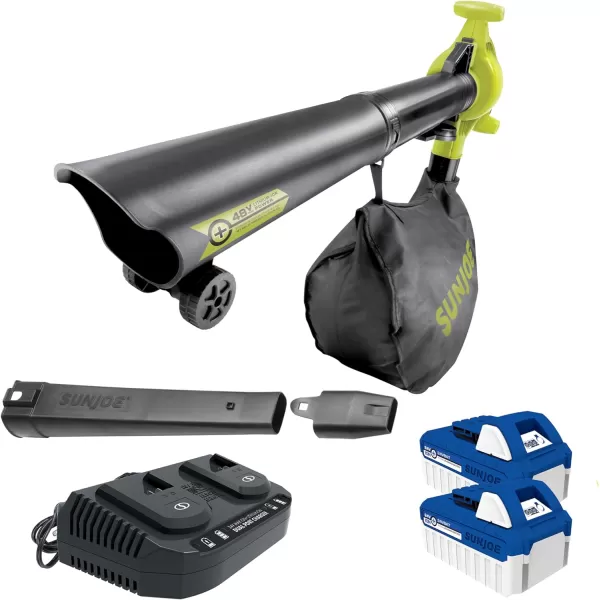 Sun Joe 24V-X2-BVM190 48-Volt IONMAX Cordless Leaf Blower Vacuum Mulcher Kit, 190-MPH, 340-CFM, w/ 2 x 4.0-Ah Batteries + Charger
