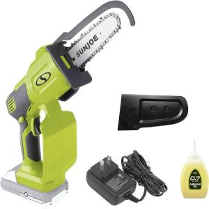 imageSun Joe 24VHCSLTEP1 24Volt iON Cordless Mini Chainsaw Green ampamp SWJOIL Premium Bar Chain and Sprocket Oil All Season Chainsaw Chain Lubrication 1QuartPromo Kit