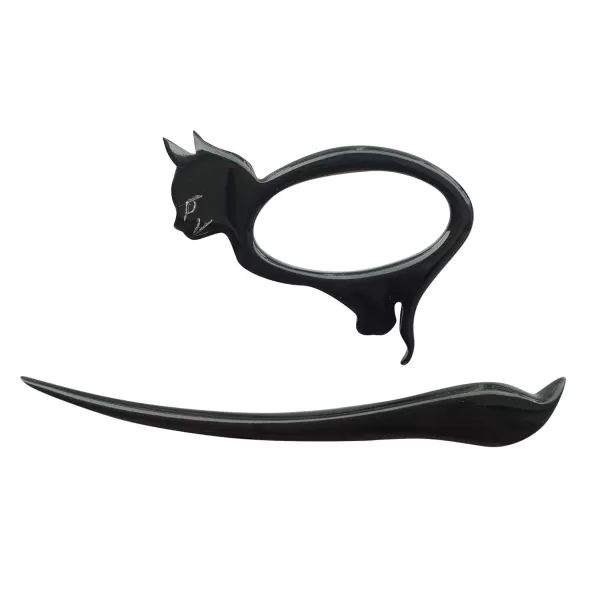 Marycrafts Buffalo Horn Cat Kitten Shawl Pin Hair Pin Accessory Handmade BlackBlack