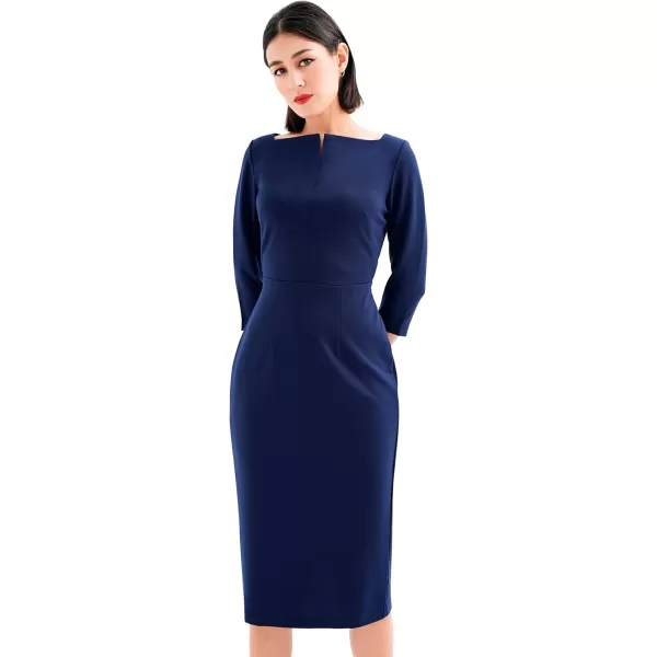 Marycrafts Womens Work Office Business Square Neck Sheath Midi DressNavy Blue 512