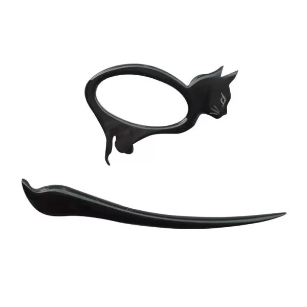 Marycrafts Buffalo Horn Cat Kitten Shawl Pin Hair Pin Accessory Handmade BlackBlack