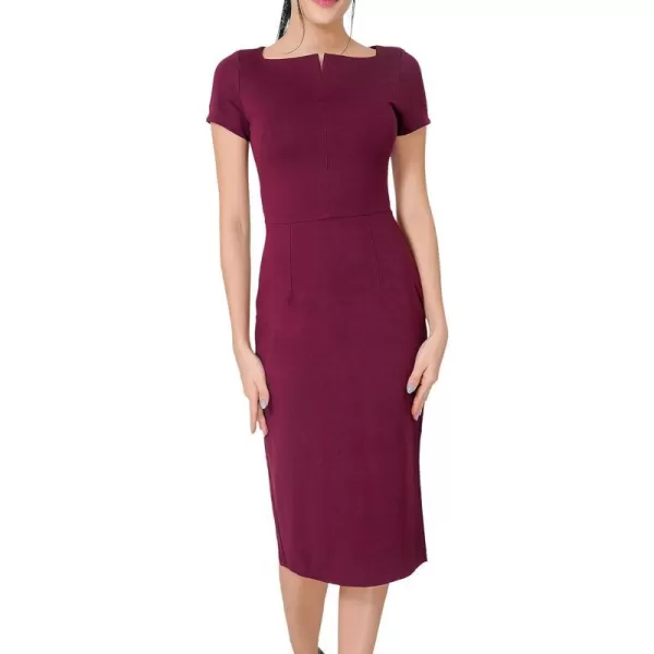 Marycrafts Womens Work Office Business Square Neck Sheath Midi DressBurgundyshort Sleeve