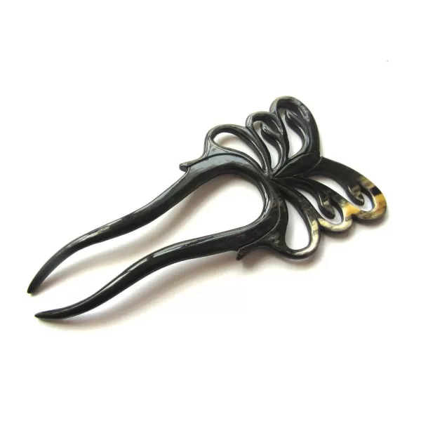 Marycrafts 2 Prongs Light Shade Butterfly Buffalo Horn Hair Fork Hairfork Hair Sticks Hair AccessoriesBlack